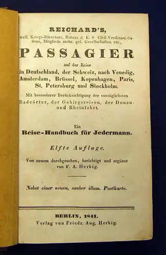 Reichards Passagier auf der Reise in Deutschland,Schweiz,Venedig,Brüssel 1841 js