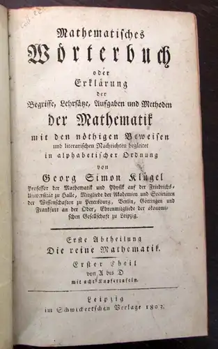 Klügel Mathematisches Wörterbuch 5 Bde.+ 1 Supplementbd. 1803 Methoden js