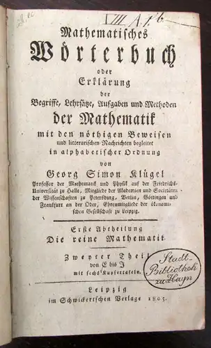 Klügel Mathematisches Wörterbuch 5 Bde.+ 1 Supplementbd. 1803 Methoden js