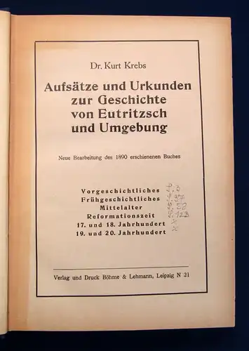 Krebs Aufsätze u. Urkunden zur Geschichte von Eutritzsch u. Umgebung 1900 js