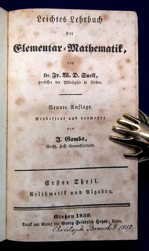 Gambs Leichtes Lehrbuch der Elementar-Mathematik 1839 Studium Wissen Technik mb