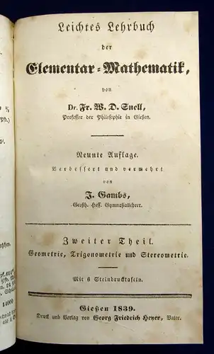 Gambs Leichtes Lehrbuch der Elementar-Mathematik 1839 Studium Wissen Technik mb