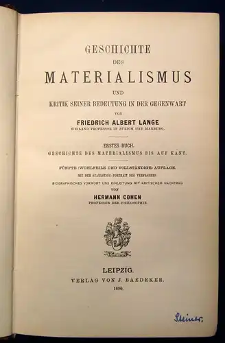 Lange Geschichte des Materialismus und Kritik seiner Bedeutung 2 Bde. 1896 js