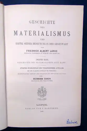 Lange Geschichte des Materialismus und Kritik seiner Bedeutung 2 Bde. 1896 js
