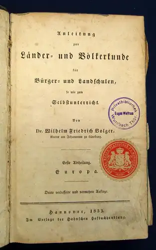 Anleitung zur Länder- u. Völkerkunde für Bürger- u.Landschulen 1833, 2 in 1 js