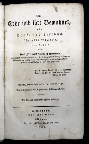 Hoffmann Die Erde und ihre Bewohner ein Hand -u. Lesebuch 1833 Stahlstiche js