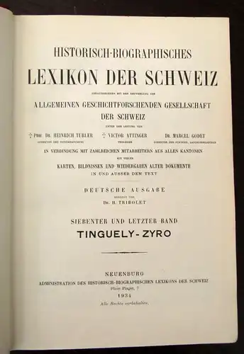 Türler Historisch-Biographisches Lexikon der Schweiz 7 Bde. 1921 Karten js