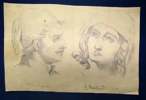 Bleistiftzeichnung auf Papier von B. Schaarschmidt "Mann und Frau" 1909 sf