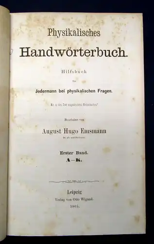 Emsmann Physikalisches Handwörterbuch Hilfsbuch füe Jedermann 1865 2 Bde mb