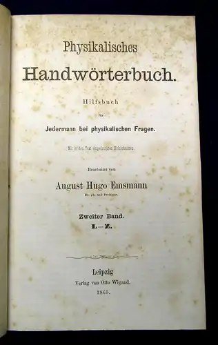 Emsmann Physikalisches Handwörterbuch Hilfsbuch füe Jedermann 1865 2 Bde mb