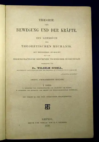 Schell Theorie d. Bewegung und der Kräfte Lehrb. d. theor. Mechanik 1879 2 Bde m