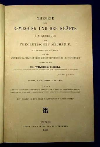 Schell Theorie d. Bewegung und der Kräfte Lehrb. d. theor. Mechanik 1879 2 Bde m