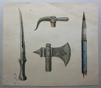 Gouache Indische Waffen Dolch Axt Speer/ Gefäße und Ornamente um 1880 sf