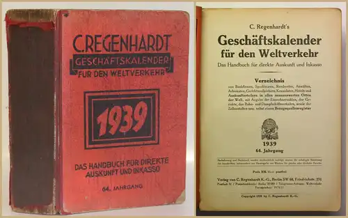 Regenhardt Geschäftskalender für den Weltverkehr 64. Jahrgang 1939 Handbuch sf