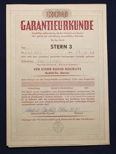 Orig. Garantieurkunde + Bedienungsanweisung "Stern 3" 1962 Radio Rochlitz sf