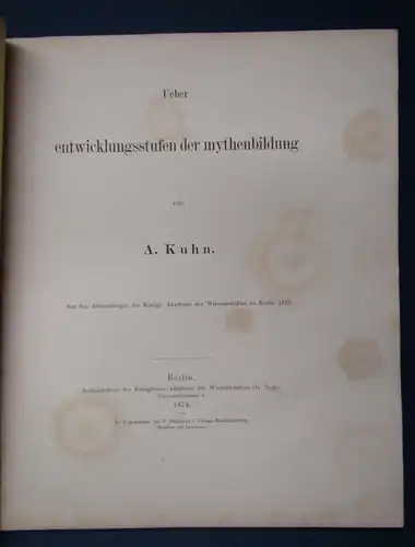 Kuhn Ueber entwicklungsstufen der mythenbildung 1874 selten Wissen Studium js