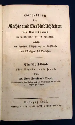 Vogel Darstellung der Rechte u. Verbindlichkeiten der Unterthanen 1837 selten js