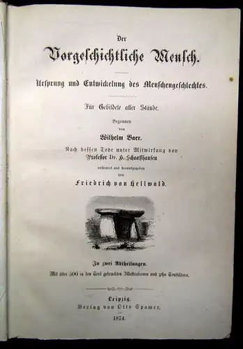 Hellwald Der vorgeschichtliche Mensch Ursprung u. Entwicklung d.Menschen 1874 js