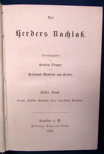 Düntzer aus Herders Nachlaß. 3 Bde. komplett Ungedruckte Briefe 1856/57 js