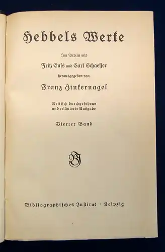 Zinkernagel Hebbels Werke 1-6 Bde. komplett um 1910 Halbleder gebunden js