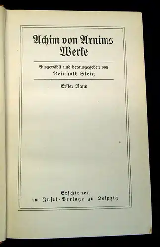 Steig Achim von Arnims Werke 3 Bde. Insel Verlag 1911 Literatur js