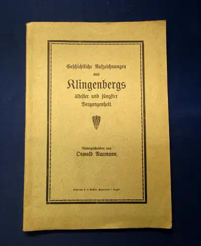 Naumann Geschichtliche Aufzeichnungen a Klingenbergs Vergangenheit 1925 selten m