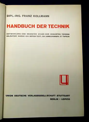 Kollmann Handbuch der Technik Entwicklung und Stand 1930 Technik mb