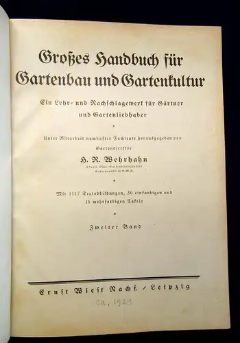 Wehrhahn Großes Handbuch für Gartenbau und Gartenkultur um 1929 2 Bde Technik mb