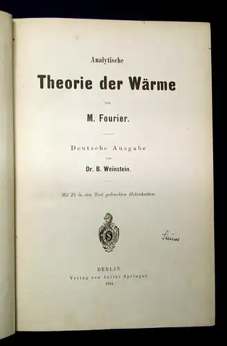 Fourier Weinstein Analytische Theorie der Wärme 1884 Deutsche EA Thermik mb