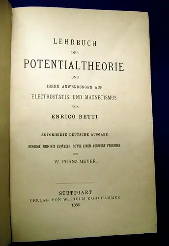 Betti Meyer Lehrbuch d Potentialtheorie u ihrer Anwendungen 1885 dt. EA selten m