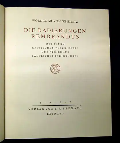 Seidlitz Die Radierungen Rembrandts 1922 80 Lichtdrucktafeln 375 Abbildungen mb