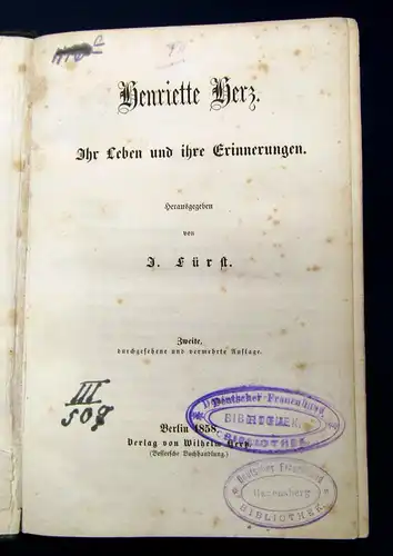 Fürst Henriette Herz Ihr Leben und ihre Erinnerungen 1858 selten Bibliophilie mb