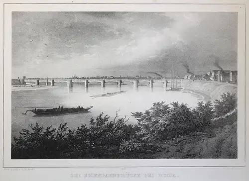 Lithografie Die Eisenbahnbrücke bei Riesa um 1840 Arldt Weider Sachsen xz