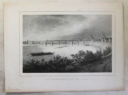 Lithografie Die Eisenbahnbrücke bei Riesa um 1840 Arldt Weider Sachsen xz
