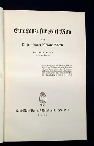 Schmid Eine Lanze für Karl May 1940 Belletristik Klassiker mb