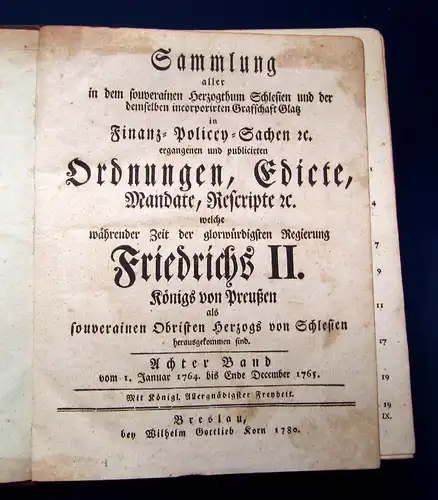 Sammlung aller Ordnungen, Edicte, Mandate, Rescripte etc. 1780 Friedrich II 8.Bd