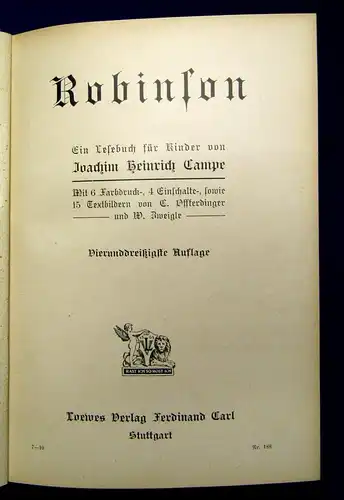 Campe Robinson Ein Lesebuch für Kinder um 1915 Farbdrucktafeln js