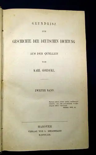 Goedeke Grundrisz zur Geschichte der deutschen Dichtung 2 Bde 1859 Belletristik