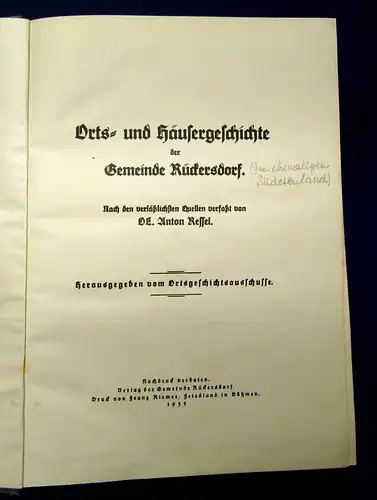 Ressel Orts-u. Häusergeschichte der Gemeinde Rückersdorf 1933 Ortskunde Selten m