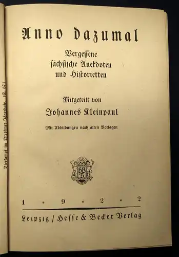 Kleinpaul Anno Dazumal Vergessene sächsische Anekdoten u. Historietten 1922 j