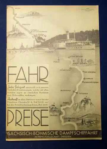 Sächs. Böhmische Dampfschiffahrt Aktiengesellschaft Fahrpreise um 1940 js