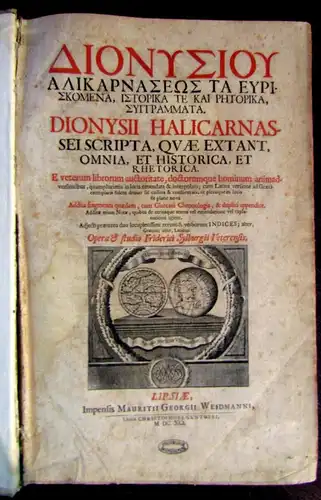 Dionysius Hallicarnasseus,Sei Scripta,Qvae Extant 2 Bde. in 1 Pergament 1691 js