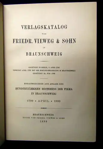 Verlagskatalog von Friedr. Vieweg u. Sohn in Braunschweig 1899 Goldschnitt js