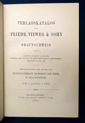 Verlagskatalog von Friedr. Vieweg u. Sohn in Braunschweig 1899 Goldschnitt js