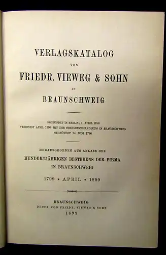 Verlagskatalog von Friedr. Vieweg u. Sohn in Braunschweig 1899 Goldschnitt js