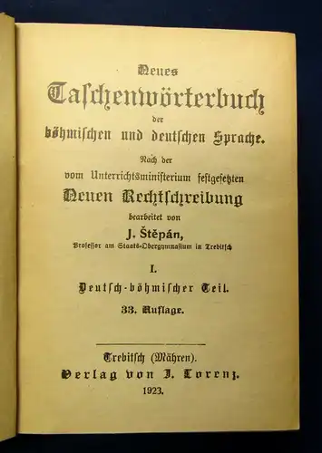 Stepan Neues Taschenwörterbuch der böhmischen u. deutschen Sprache 1923 js