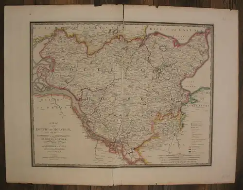 Orig. grenzkolorierte Stahlstichkarte von Schleswig Holstein um 1820 sf