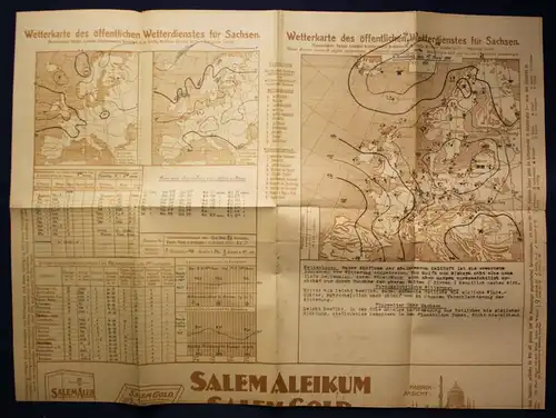 Original Wetterkarte des öffentlichen Wetterdienstes Sachsen 1924 Saxonica sf