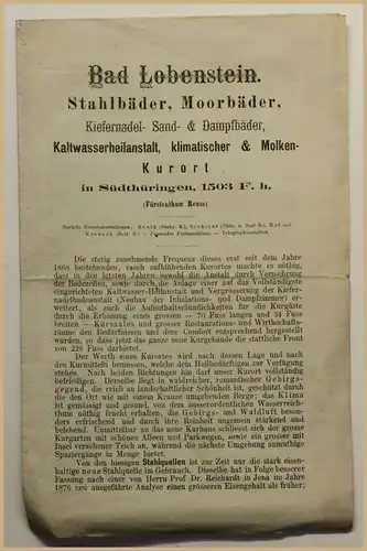 Orig. Prospekt Bad Lobenstein um 1880 Reise Ortskunde Geografie Geographie sf