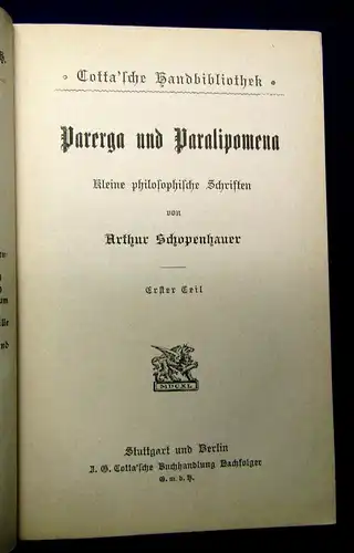 Schopenhauer Cottasche Handbibliothek Parerga und Paralipomen 1850 1.Teil js